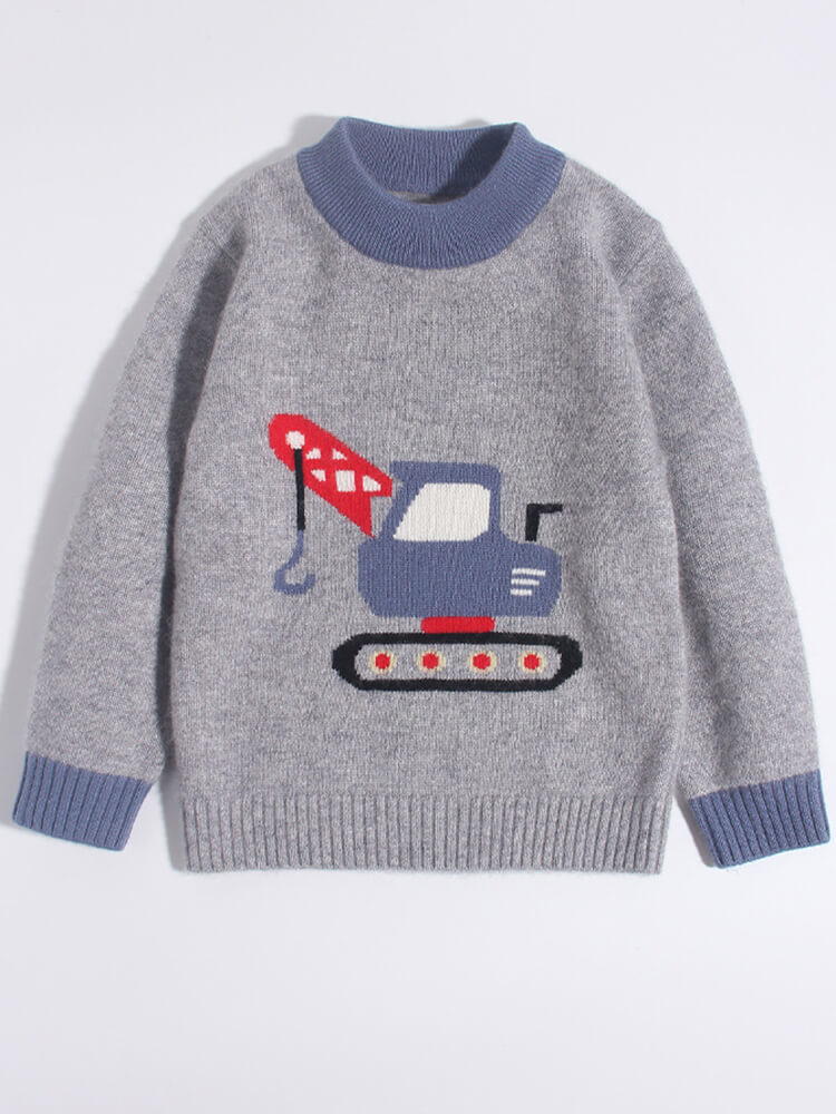 Boys Fun Excavator Knit Pattern 100% Cashmere Crew Neck Sweater